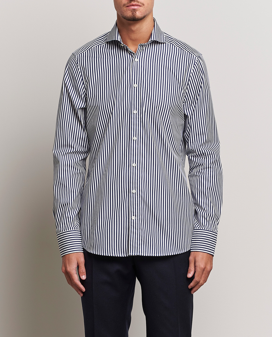 Uomini | Camicie | Stenströms | Slimline Striped Popline Cut Away Shirt Navy