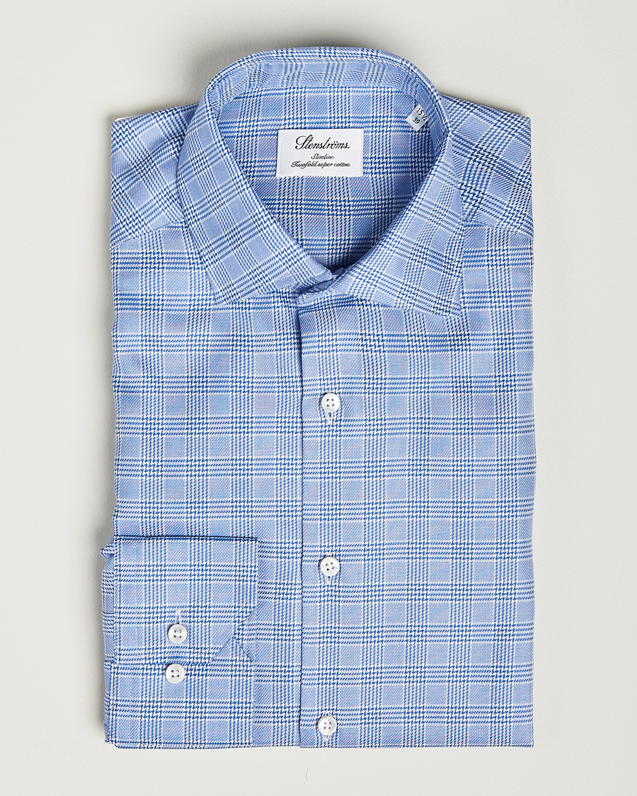 Uomini | Camicie | Stenströms | Slimline Checked Cut Away Shirt Blue
