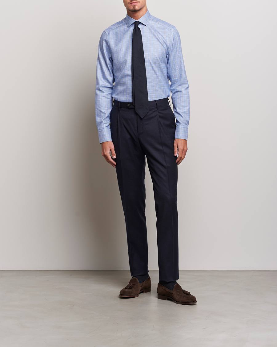 Uomini | Camicie | Stenströms | Slimline Checked Cut Away Shirt Blue