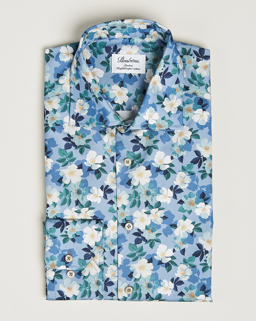 Uomini | Camicie | Stenströms | Slimline Printed Flower Cut Away Shirt Blue