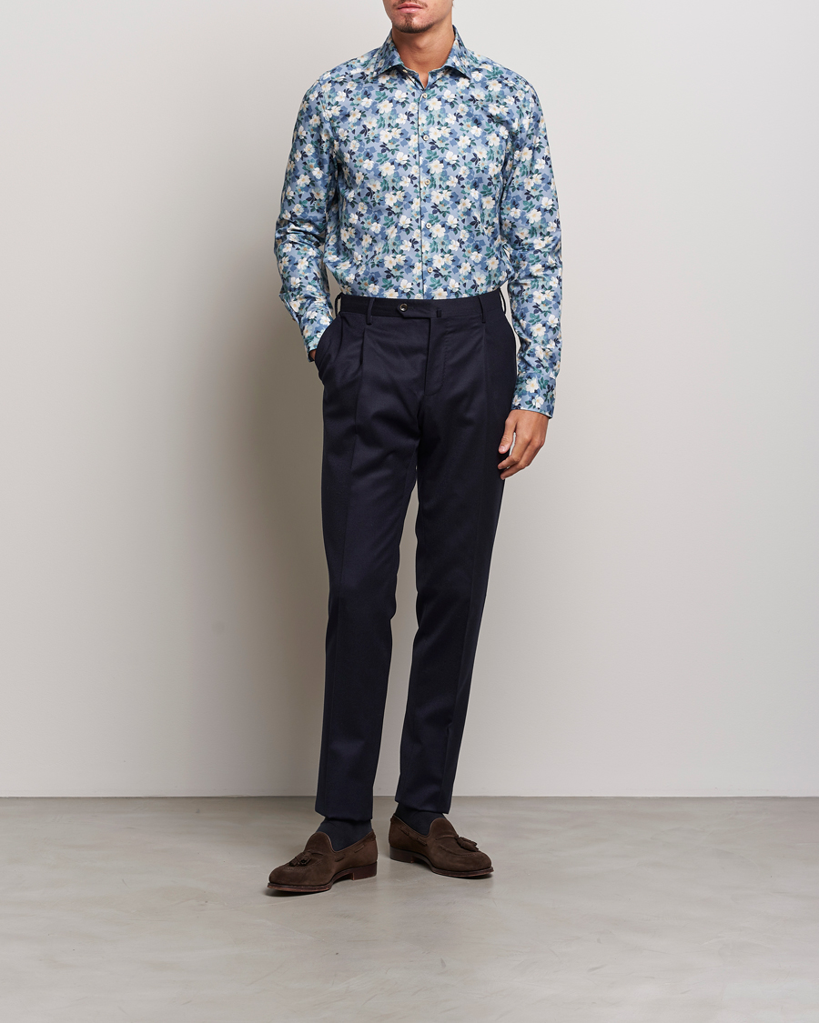 Uomini | Camicie | Stenströms | Slimline Printed Flower Cut Away Shirt Blue