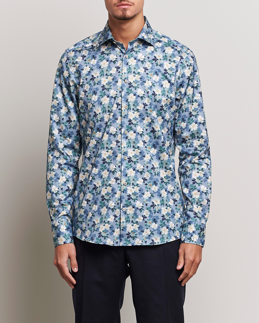 Uomini | Camicie | Stenströms | Slimline Printed Flower Cut Away Shirt Blue
