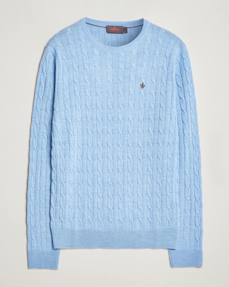 Uomini | Maglieria | Morris | Merino Cable Crew Neck Light Blue