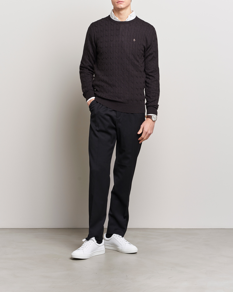 Uomini | Maglieria | Morris | Merino Cable Crew Neck Brown