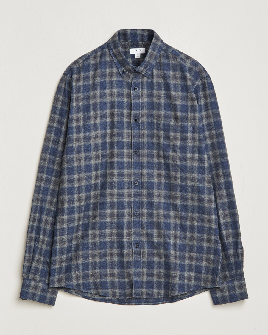 Uomini | Camicie | Sunspel | Brushed Cotton Flannel Shirt Grey/Blue Check