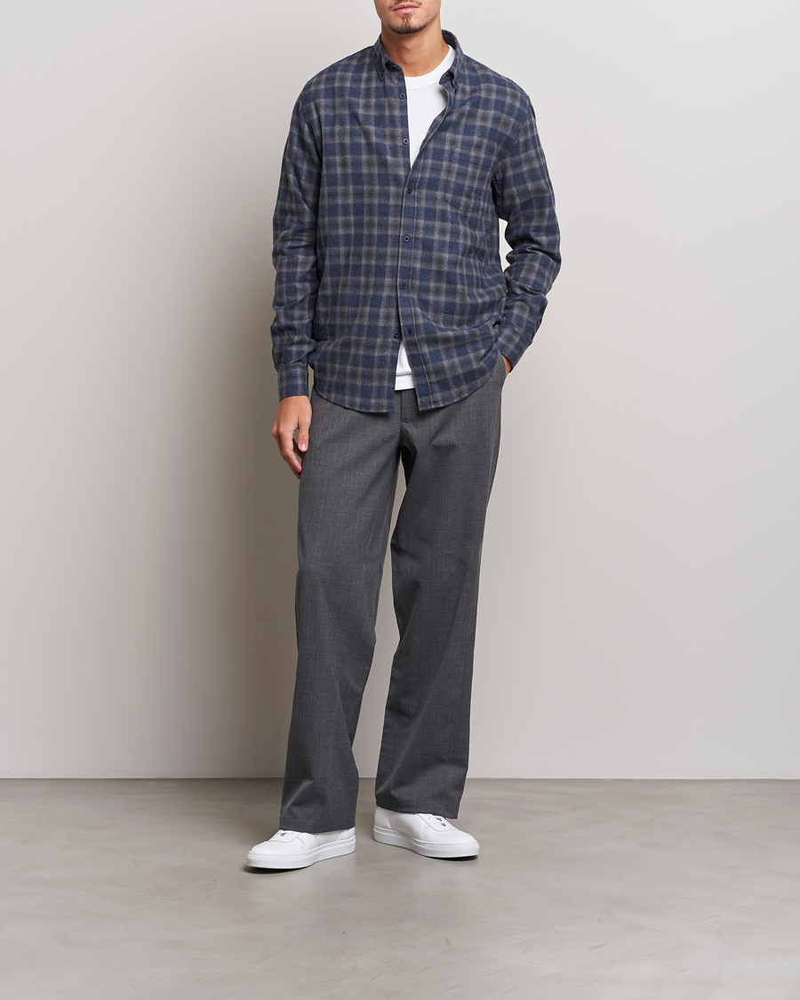 Uomini | Camicie | Sunspel | Brushed Cotton Flannel Shirt Grey/Blue Check