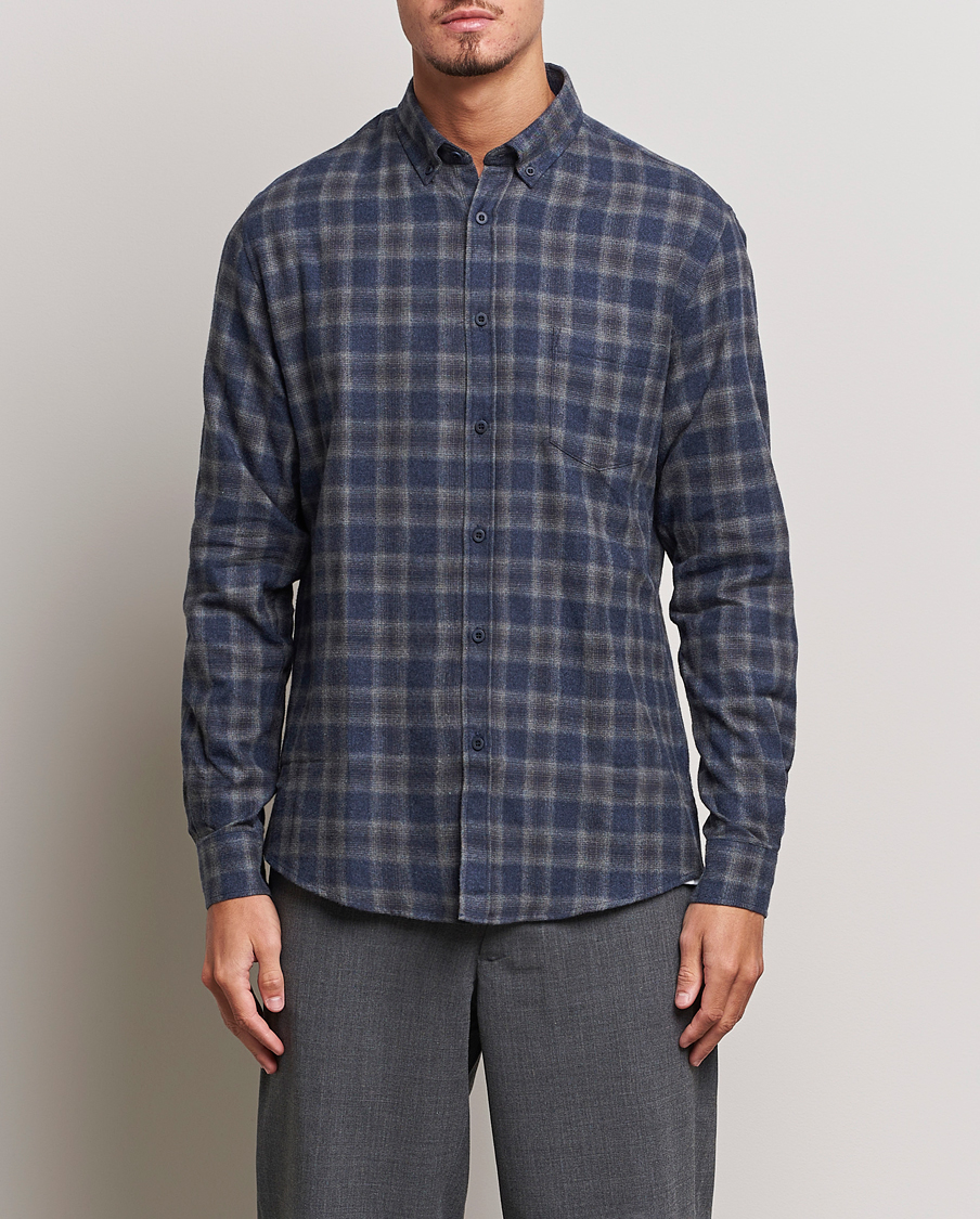 Uomini | Camicie | Sunspel | Brushed Cotton Flannel Shirt Grey/Blue Check