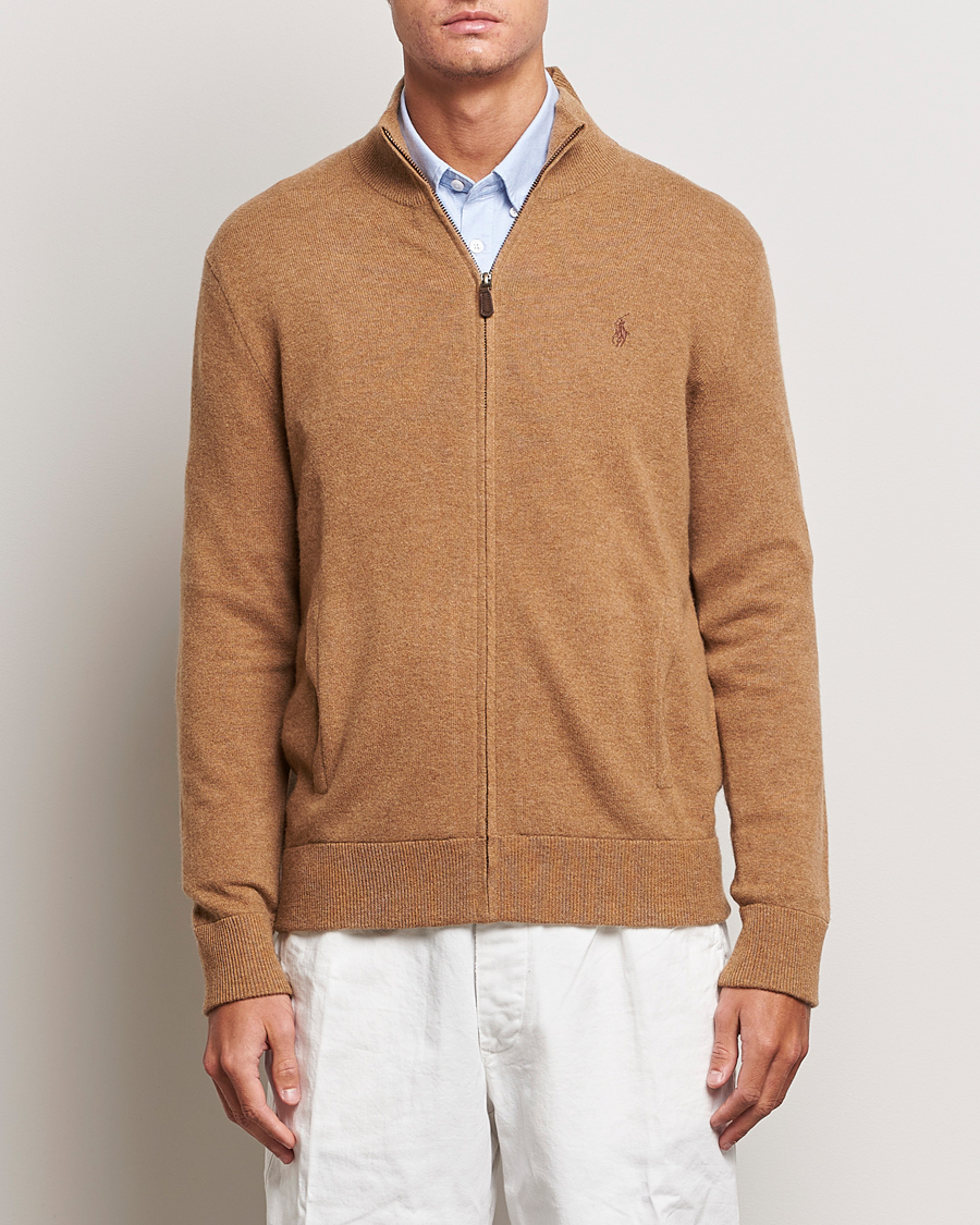 Uomini | Maglieria | Polo Ralph Lauren | Merino Knitted Full Zip Sweater Latte Brown Heather