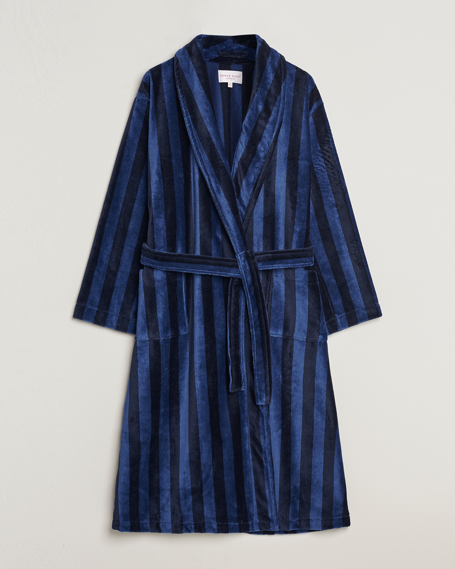 Uomini | Accappatoi & Pigiami | Derek Rose | Striped Cotton Velour Gown Navy