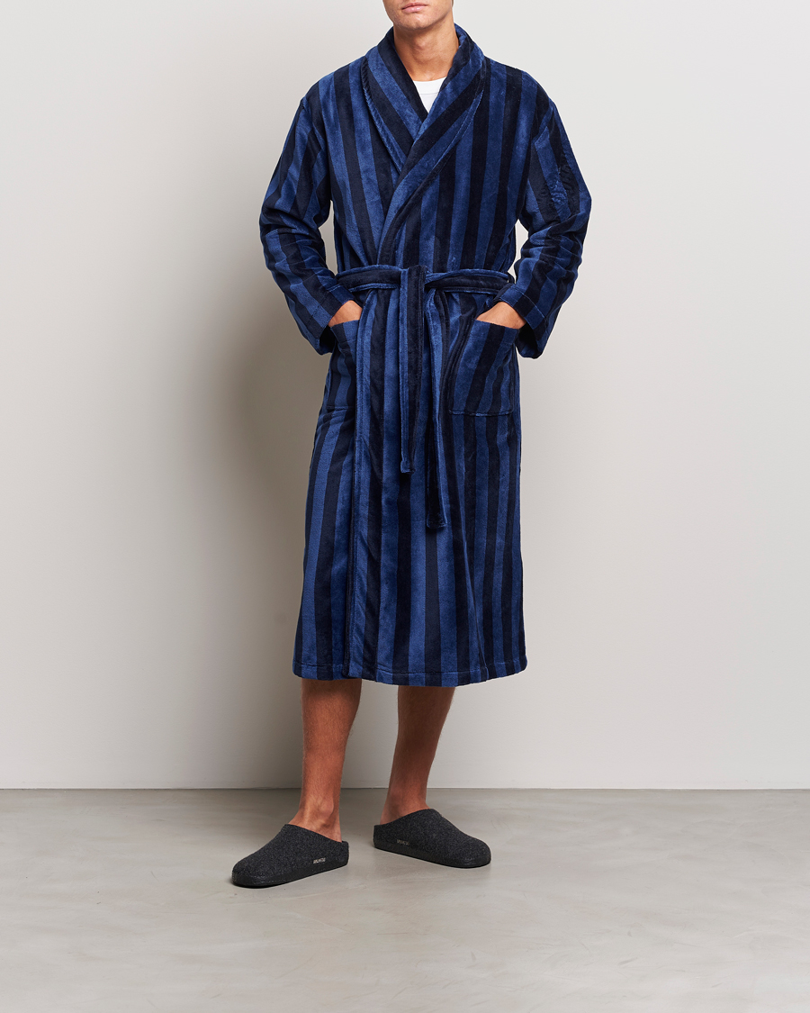 Uomini | Accappatoi & Pigiami | Derek Rose | Striped Cotton Velour Gown Navy