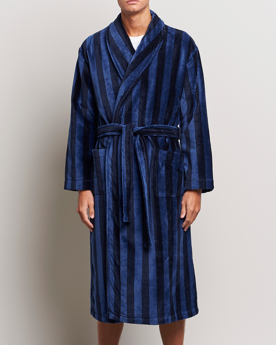 Uomini | Accappatoi & Pigiami | Derek Rose | Striped Cotton Velour Gown Navy