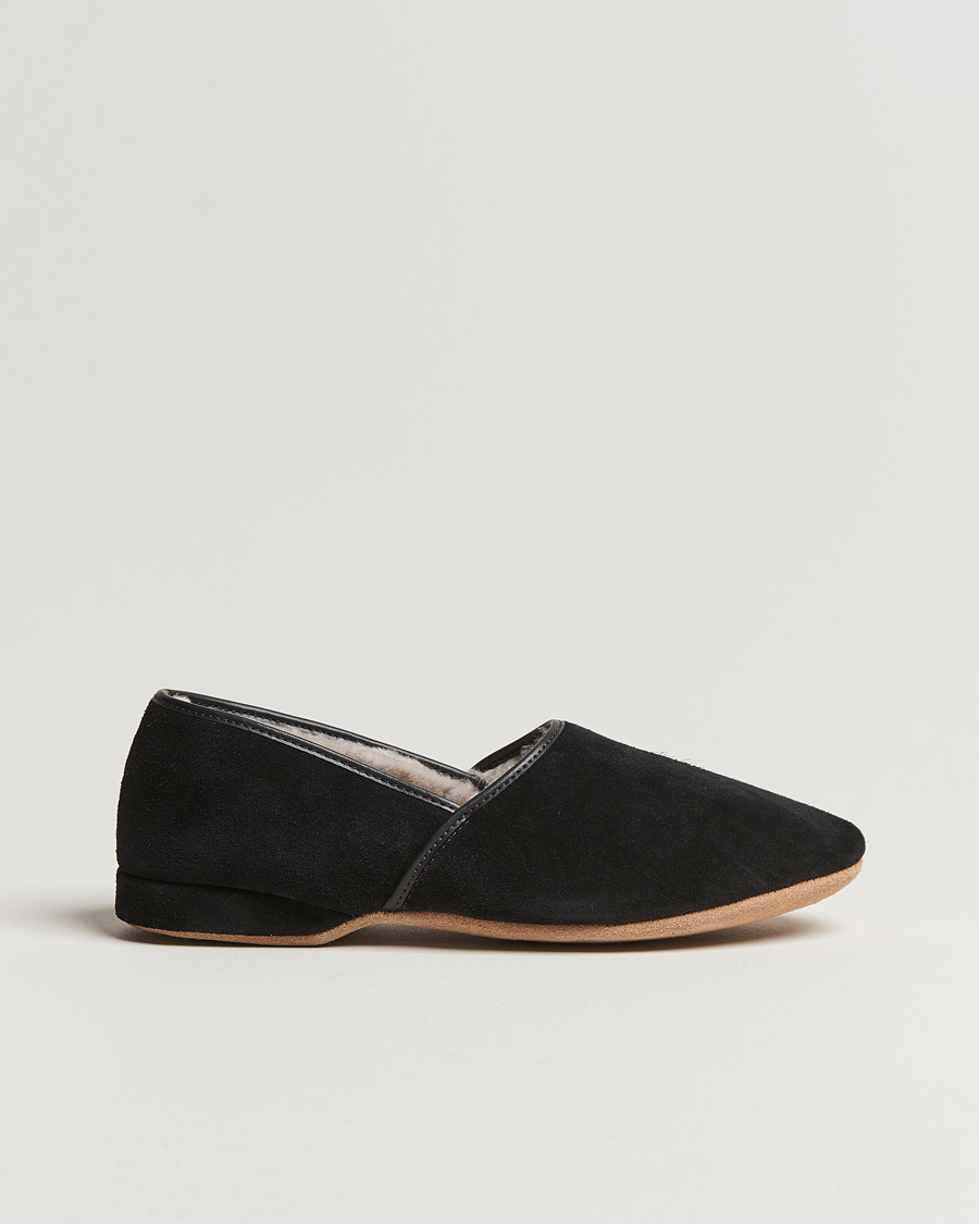 Uomini | Derek Rose Crawford Sheepskin Suede Slippers Black | Derek Rose | Crawford Sheepskin Suede Slippers Black