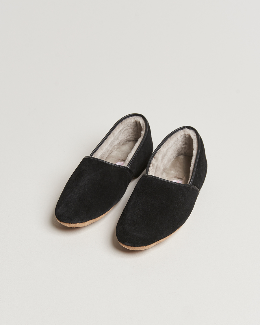 Uomini | Derek Rose Crawford Sheepskin Suede Slippers Black | Derek Rose | Crawford Sheepskin Suede Slippers Black