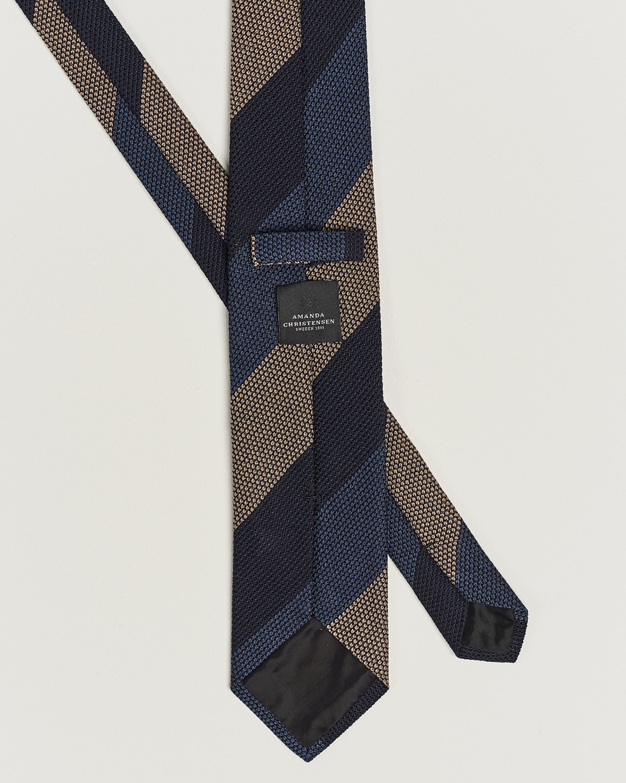 Uomini | Amanda Christensen Silk Grenadine 8cm Block Striped Tie Navy/Blue/Beige | Amanda Christensen | Silk Grenadine 8cm Block Striped Tie Navy/Blue/Beige