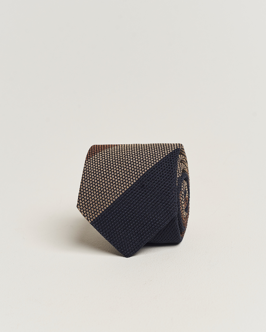 Uomini | Amanda Christensen Silk Grenadine 8cm Block Striped Tie Brown/Navy/Beige | Amanda Christensen | Silk Grenadine 8cm Block Striped Tie Brown/Navy/Beige
