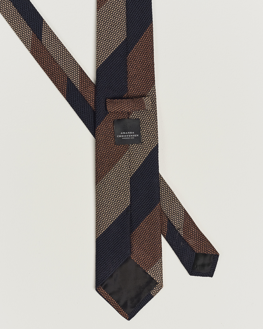 Uomini | Amanda Christensen Silk Grenadine 8cm Block Striped Tie Brown/Navy/Beige | Amanda Christensen | Silk Grenadine 8cm Block Striped Tie Brown/Navy/Beige