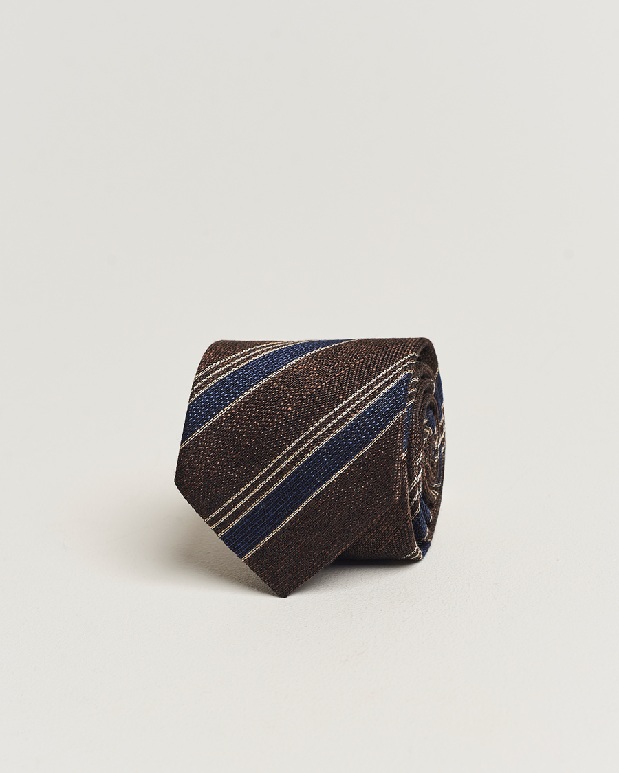 Uomini | Amanda Christensen Cotton/Wool/Silk 8cm Regimental Stripe Tie Brown/Navy | Amanda Christensen | Cotton/Wool/Silk 8cm Regimental Stripe Tie Brown/Navy