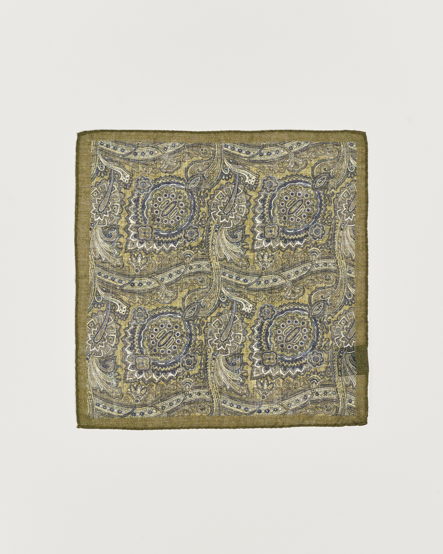 Uomini | Amanda Christensen Wool Printed Large Paisley Pocket Square Green Melange | Amanda Christensen | Wool Printed Large Paisley Pocket Square Green Melange