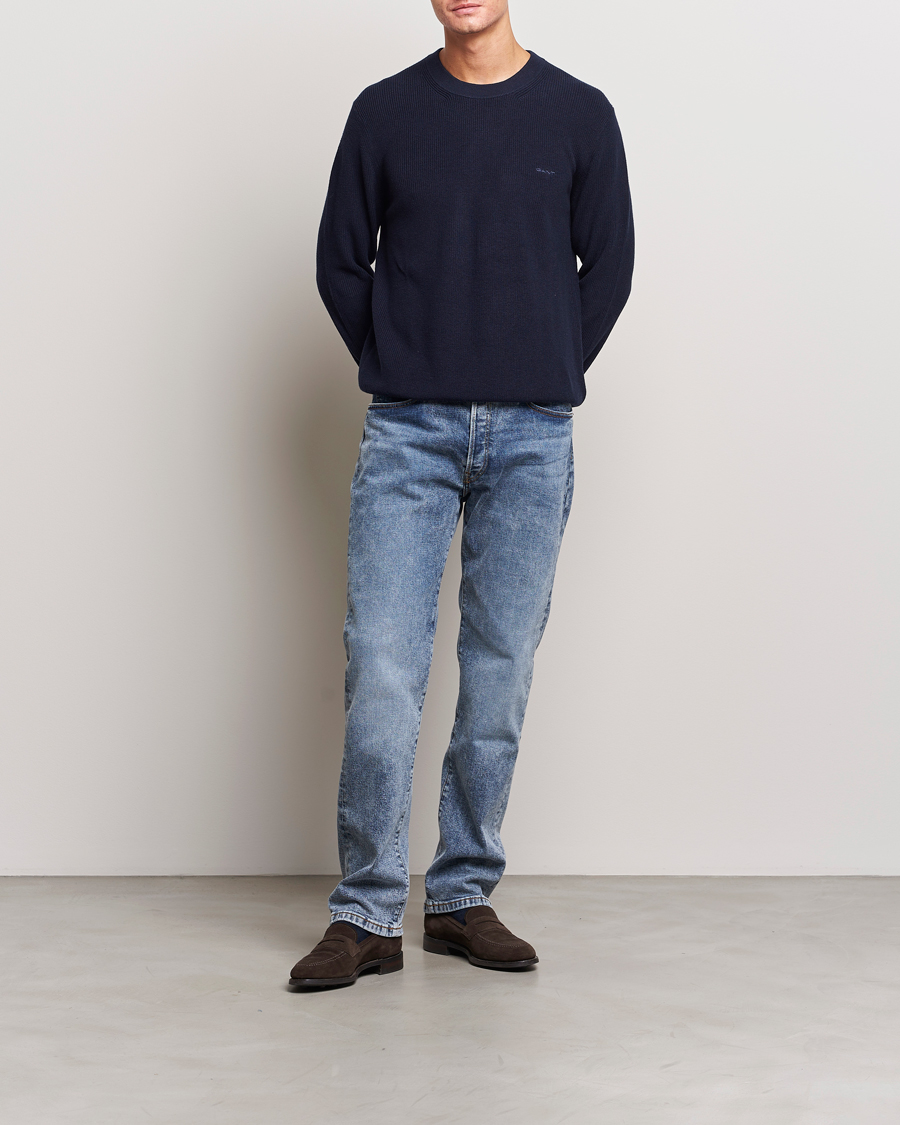 Uomini | Maglieria | GANT | Cotton/Wool Rib Knitted Crew Neck Evening Blue
