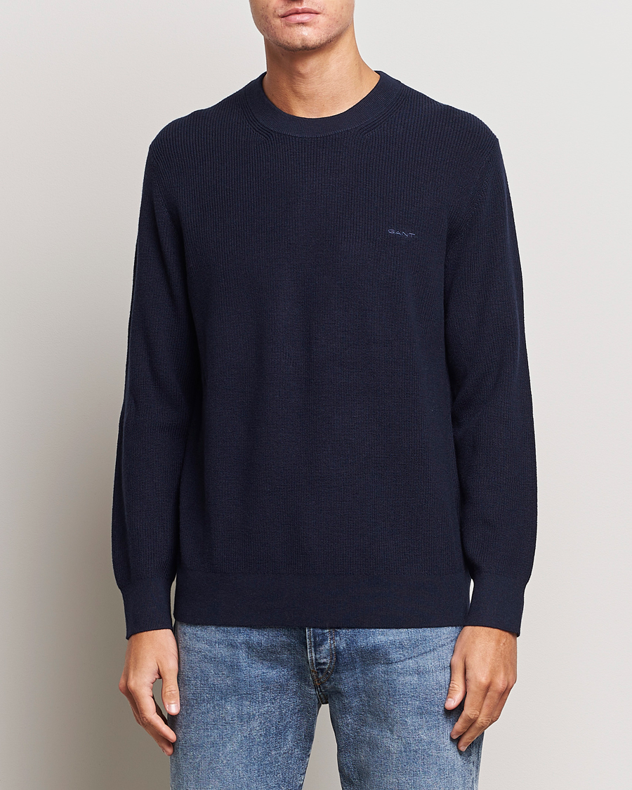 Uomini | Maglieria | GANT | Cotton/Wool Rib Knitted Crew Neck Evening Blue