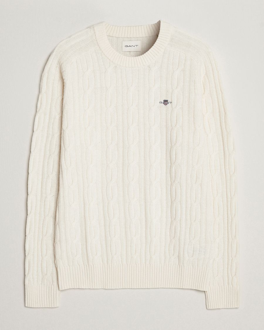 Uomini | Maglieria | GANT | Lambswool Cable Crew Neck Pullover Cream