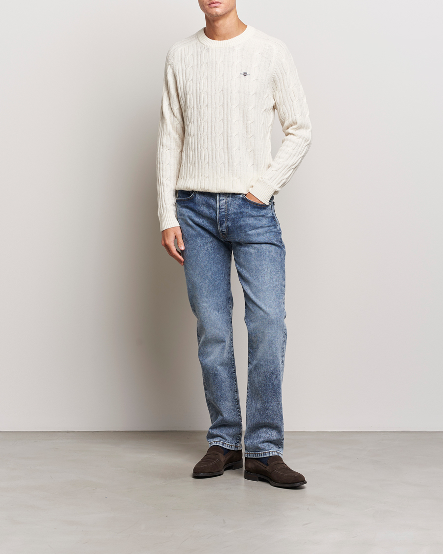 Uomini | Maglieria | GANT | Lambswool Cable Crew Neck Pullover Cream