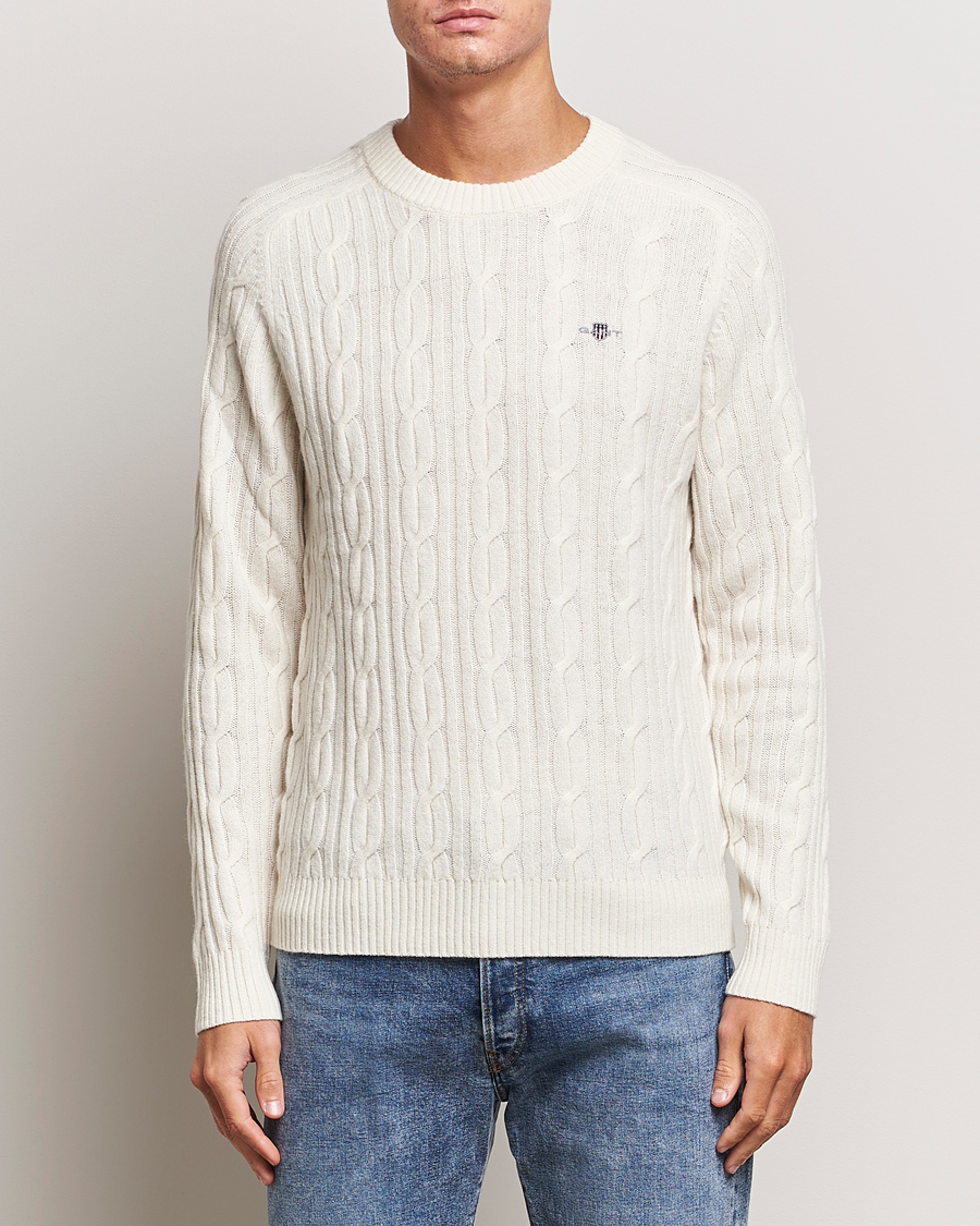 Uomini | Maglieria | GANT | Lambswool Cable Crew Neck Pullover Cream