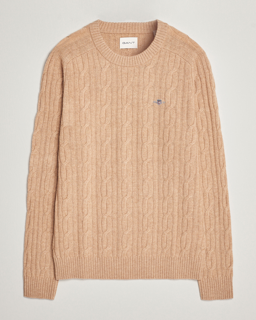 Uomini | Maglieria | GANT | Lambswool Cable Crew Neck Pullover Khaki Melange