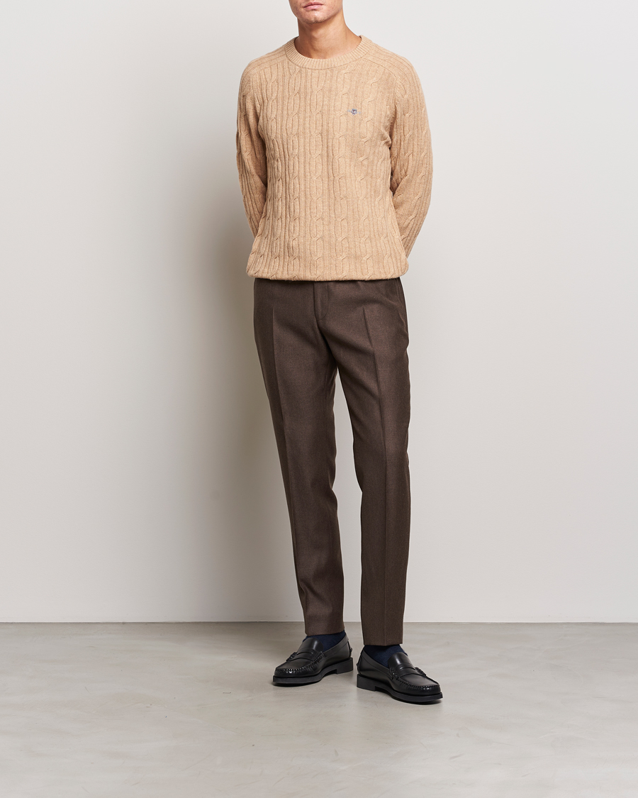 Uomini | Maglieria | GANT | Lambswool Cable Crew Neck Pullover Khaki Melange