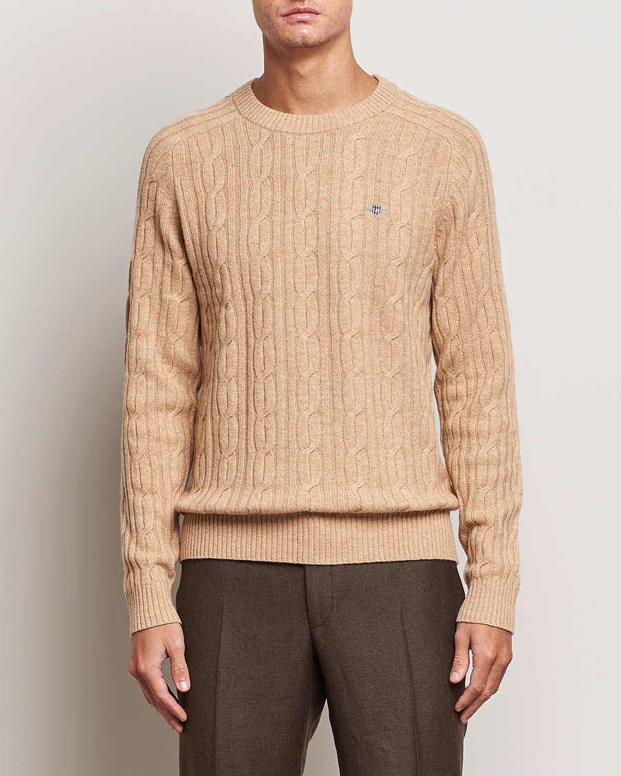 Uomini | Maglieria | GANT | Lambswool Cable Crew Neck Pullover Khaki Melange