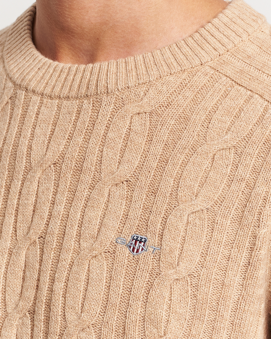 Uomini | Maglieria | GANT | Lambswool Cable Crew Neck Pullover Khaki Melange
