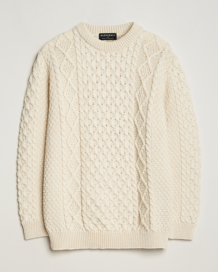 Uomini | Maglieria | Gloverall | Merino Wool Aran Cable Knitted Crew Neck Ecru