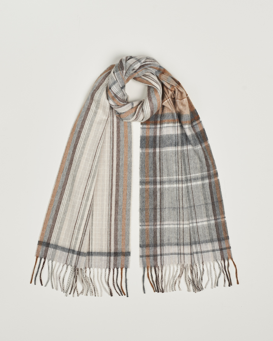Uomini | Begg & Co Striped/Checked Cashmere Scarf 36*183cm Natural Grey | Begg & Co | Striped/Checked Cashmere Scarf 36*183cm Natural Grey