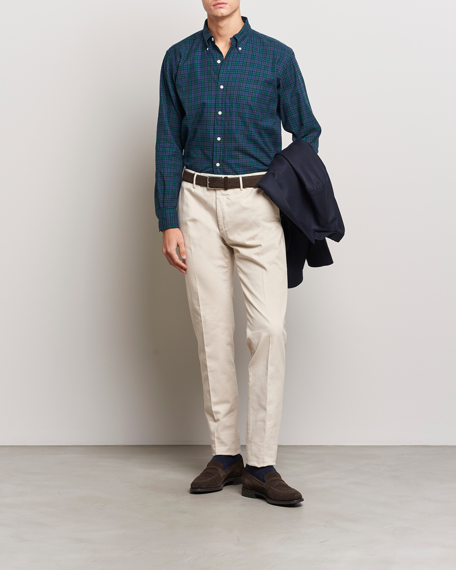 Uomini | Camicie | Kamakura Shirts | Vintage Ivy Blackwatch Flannel Shirt Navy/Green