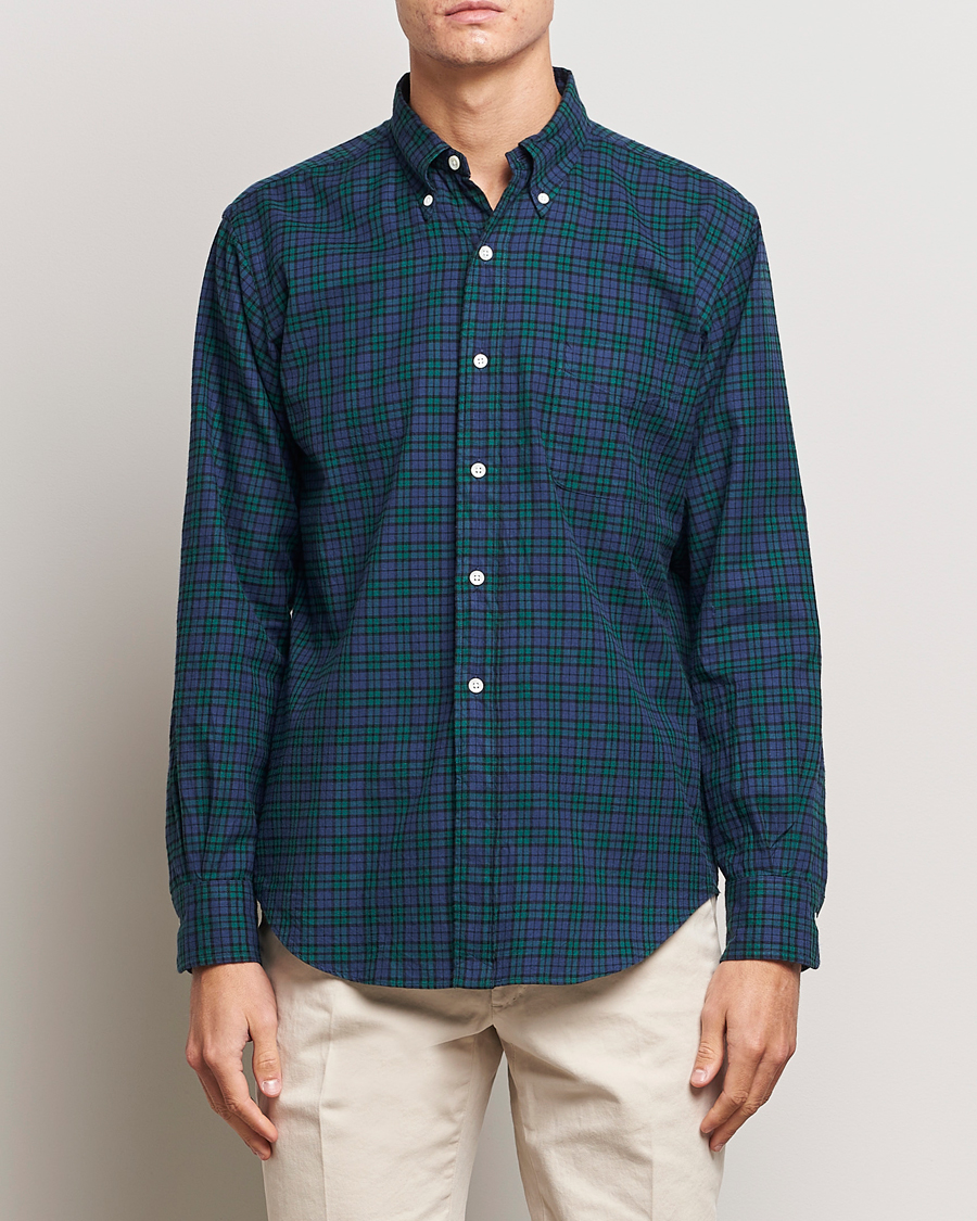Uomini | Camicie | Kamakura Shirts | Vintage Ivy Blackwatch Flannel Shirt Navy/Green