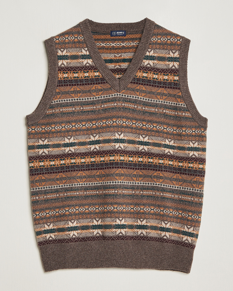 Uomini | Maglieria | Beams F | Cashmere Fairisle Vest Dark Brown