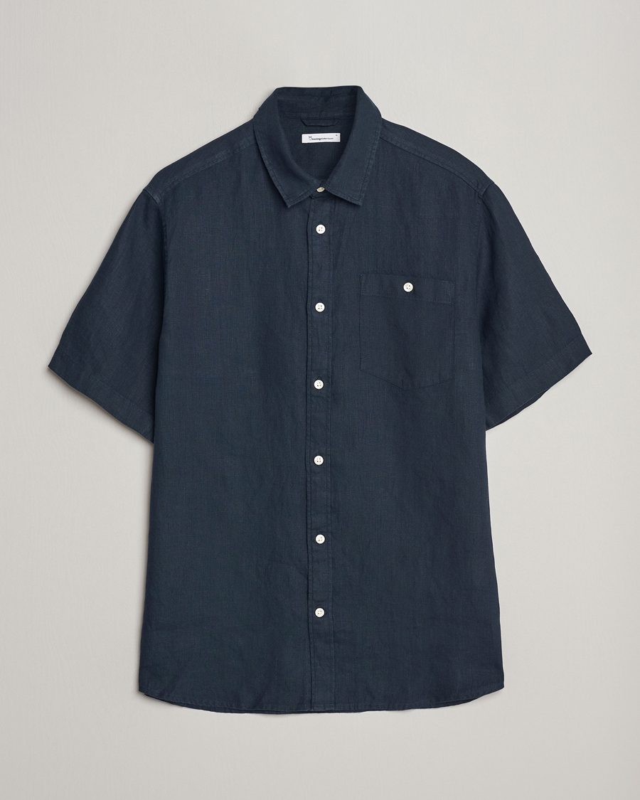 Uomini | Camicie | KnowledgeCotton Apparel | Regular Short Sleeve Linen Shirt Total Eclipse