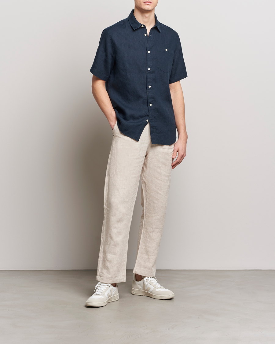 Uomini | Camicie | KnowledgeCotton Apparel | Regular Short Sleeve Linen Shirt Total Eclipse