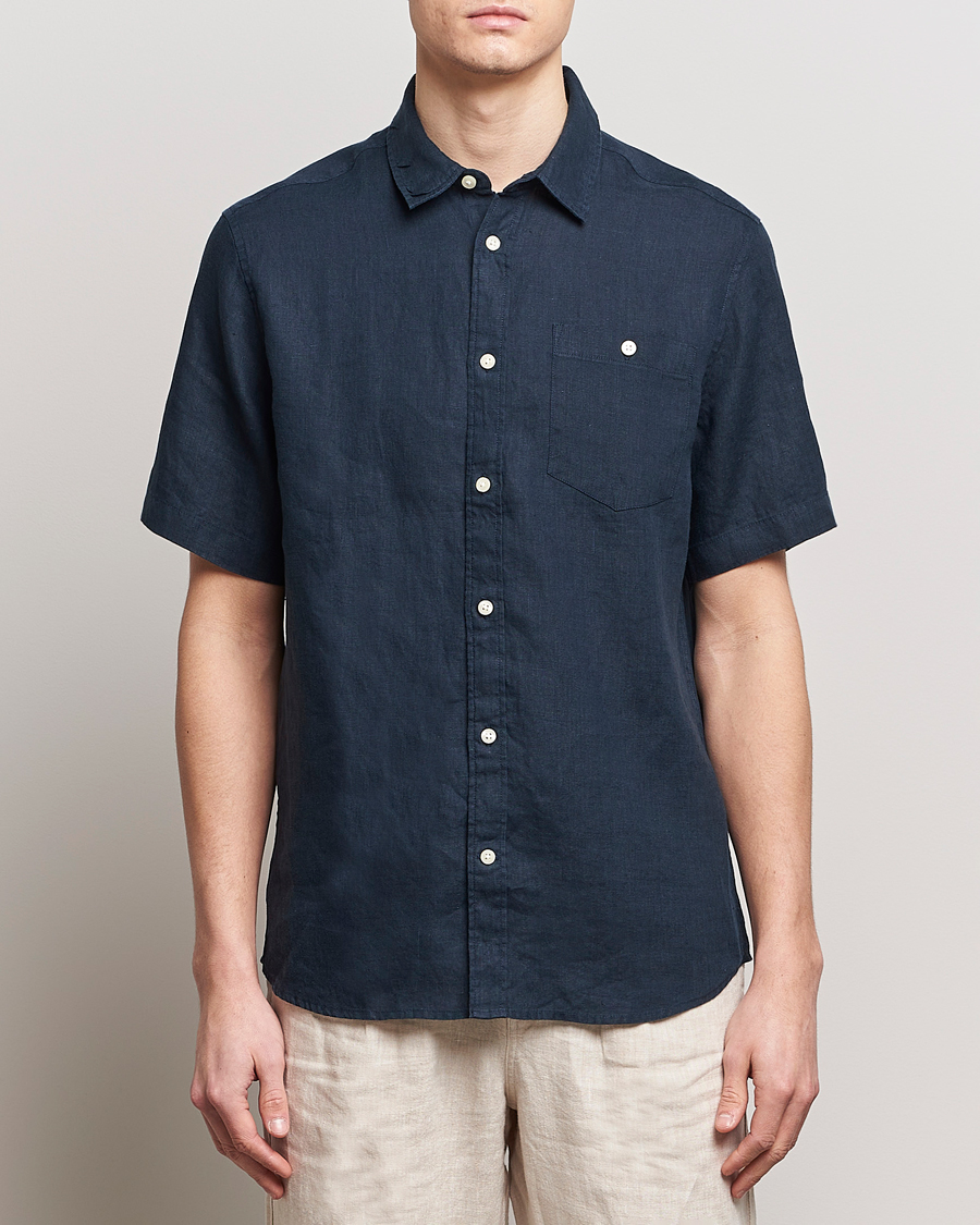 Uomini | Camicie | KnowledgeCotton Apparel | Regular Short Sleeve Linen Shirt Total Eclipse