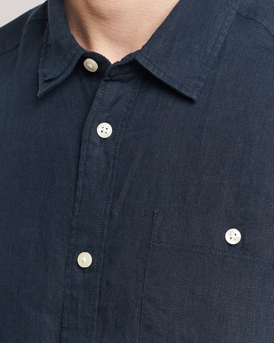 Uomini | Camicie | KnowledgeCotton Apparel | Regular Short Sleeve Linen Shirt Total Eclipse