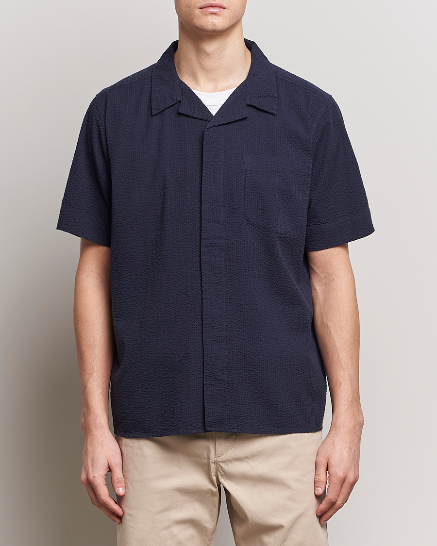 Uomini | Camicie | KnowledgeCotton Apparel | Short Sleeve Seersucker Shirt Night Sky