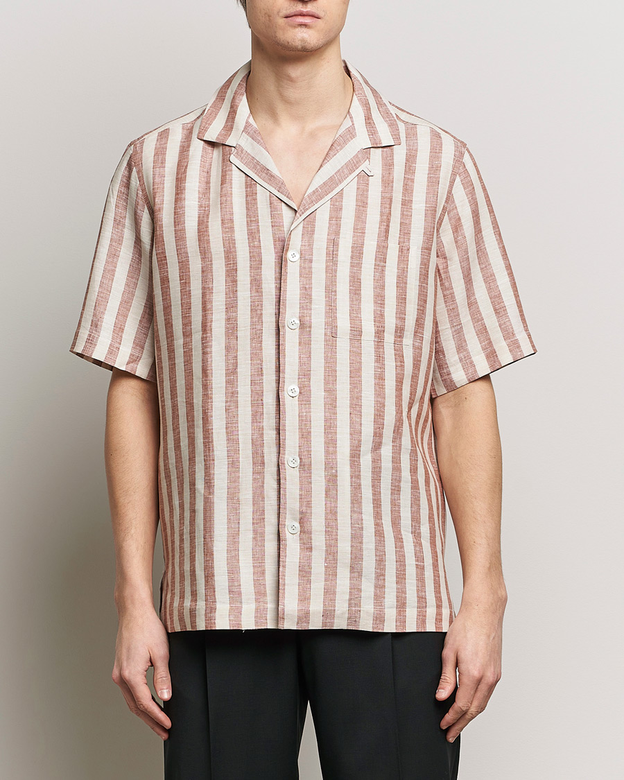 Uomini | Camicie | Lardini | Striped Short Sleeve Linen Shirt Beige/Red