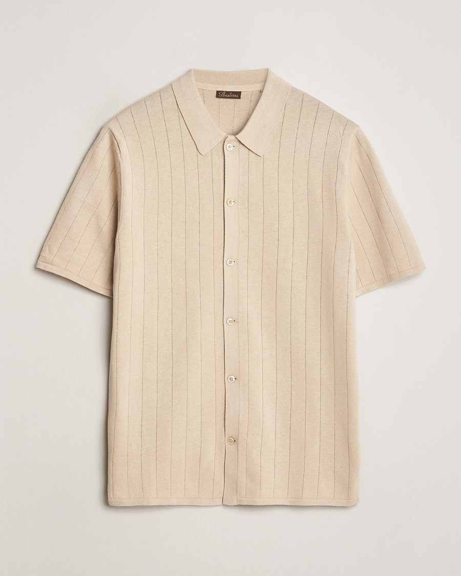 Uomini | Polo | Stenströms | Linen/Cotton Rib Knitted Buttonthru Shirt Beige