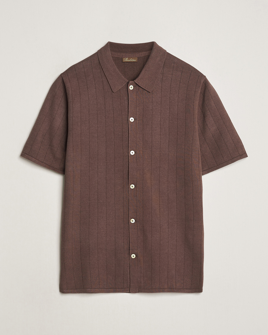 Uomini | Polo | Stenströms | Linen/Cotton Rib Knitted Buttonthru Shirt Brown
