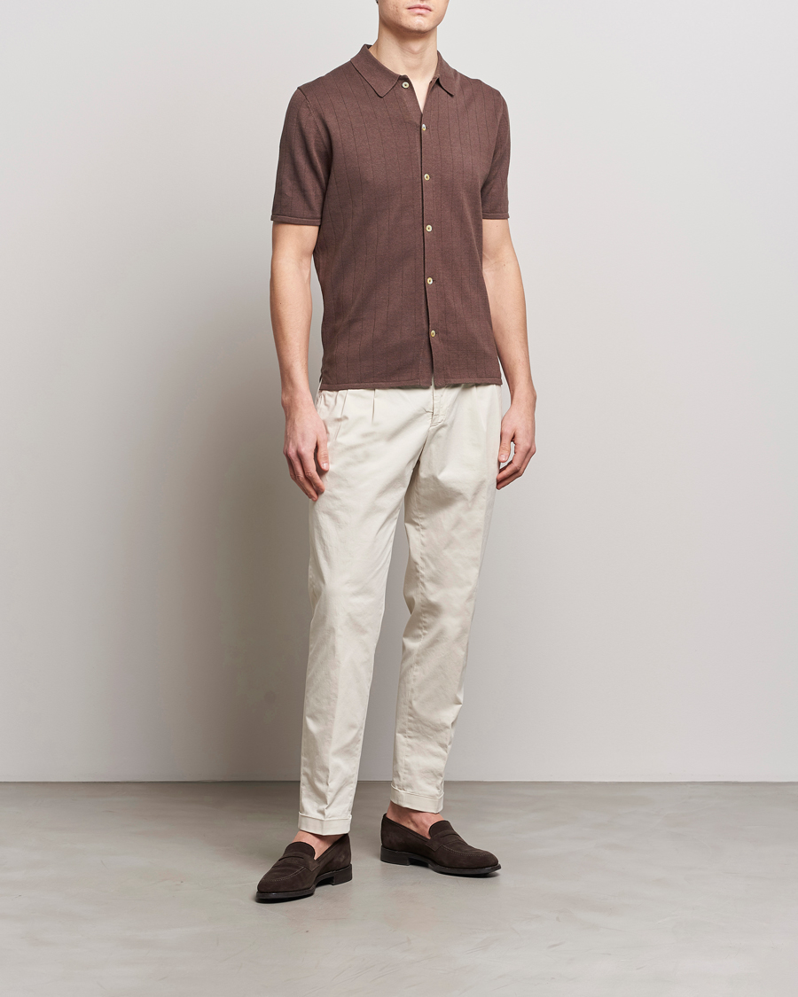 Uomini | Polo | Stenströms | Linen/Cotton Rib Knitted Buttonthru Shirt Brown