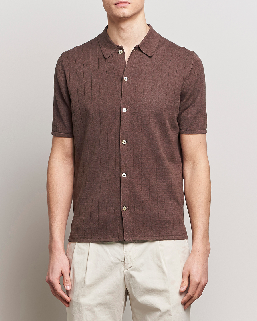Uomini | Polo | Stenströms | Linen/Cotton Rib Knitted Buttonthru Shirt Brown
