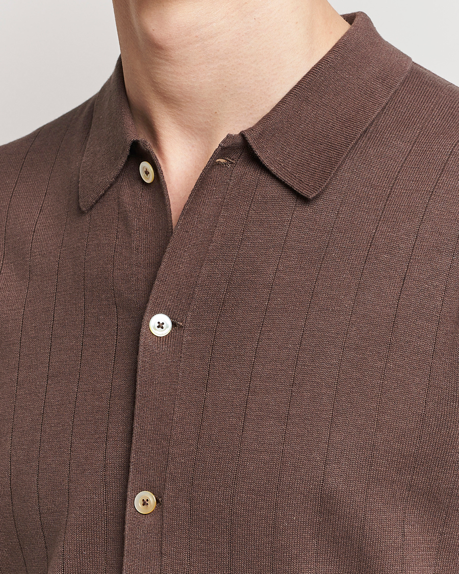 Uomini | Polo | Stenströms | Linen/Cotton Rib Knitted Buttonthru Shirt Brown