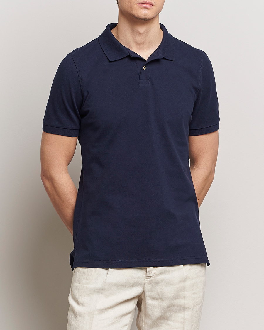 Uomini | Polo | Stenströms | Organic Cotton Piquet Polo Shirt Navy