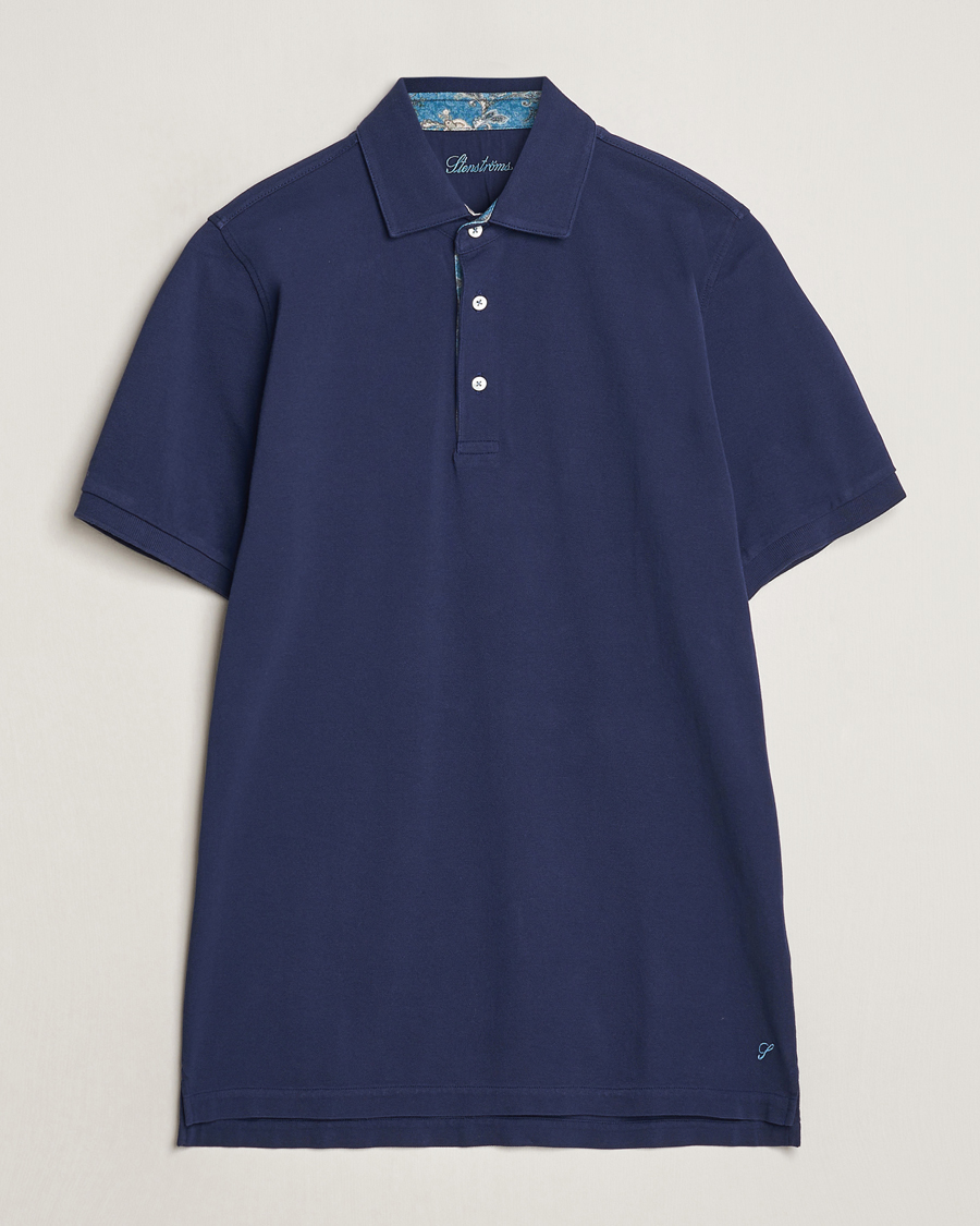 Uomini | Polo | Stenströms | Cotton Pique Contrast Polo Shirt Navy