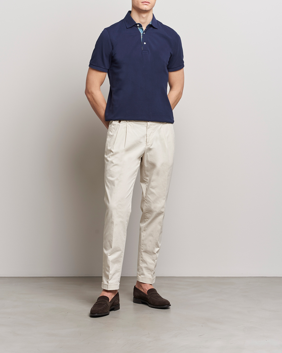 Uomini | Polo | Stenströms | Cotton Pique Contrast Polo Shirt Navy